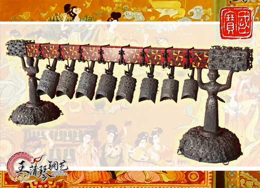 8件古編鐘，銅人銅座裝飾，可發(fā)音